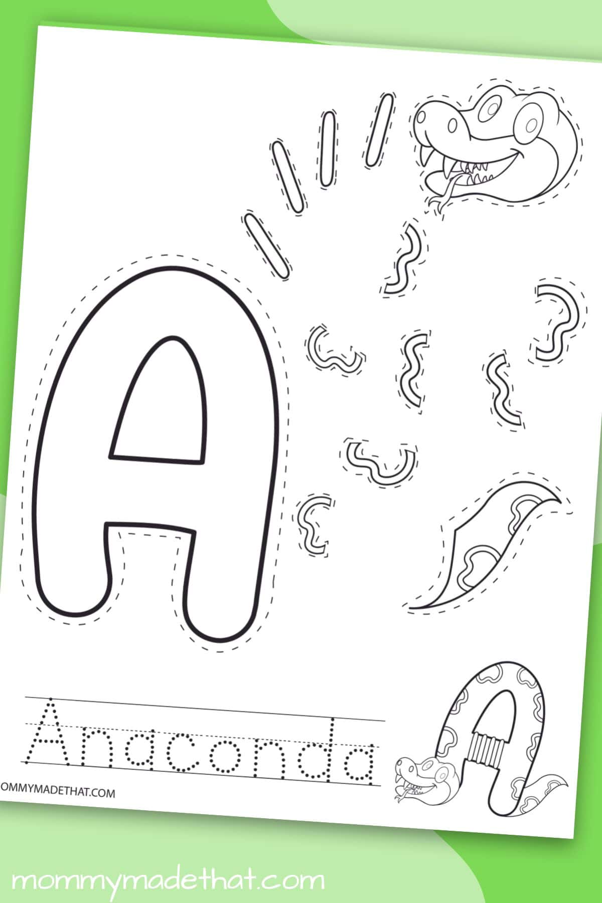 Letter A anaconda craft printable displayed on a colorful background