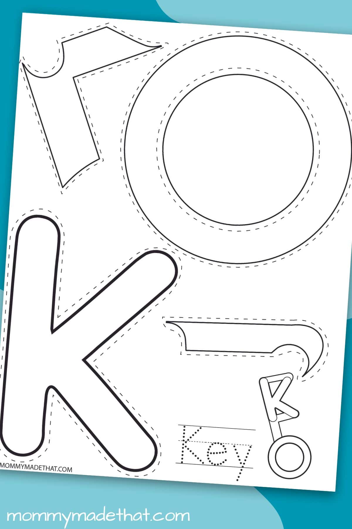 Letter K key craft printable displayed on a colorful background