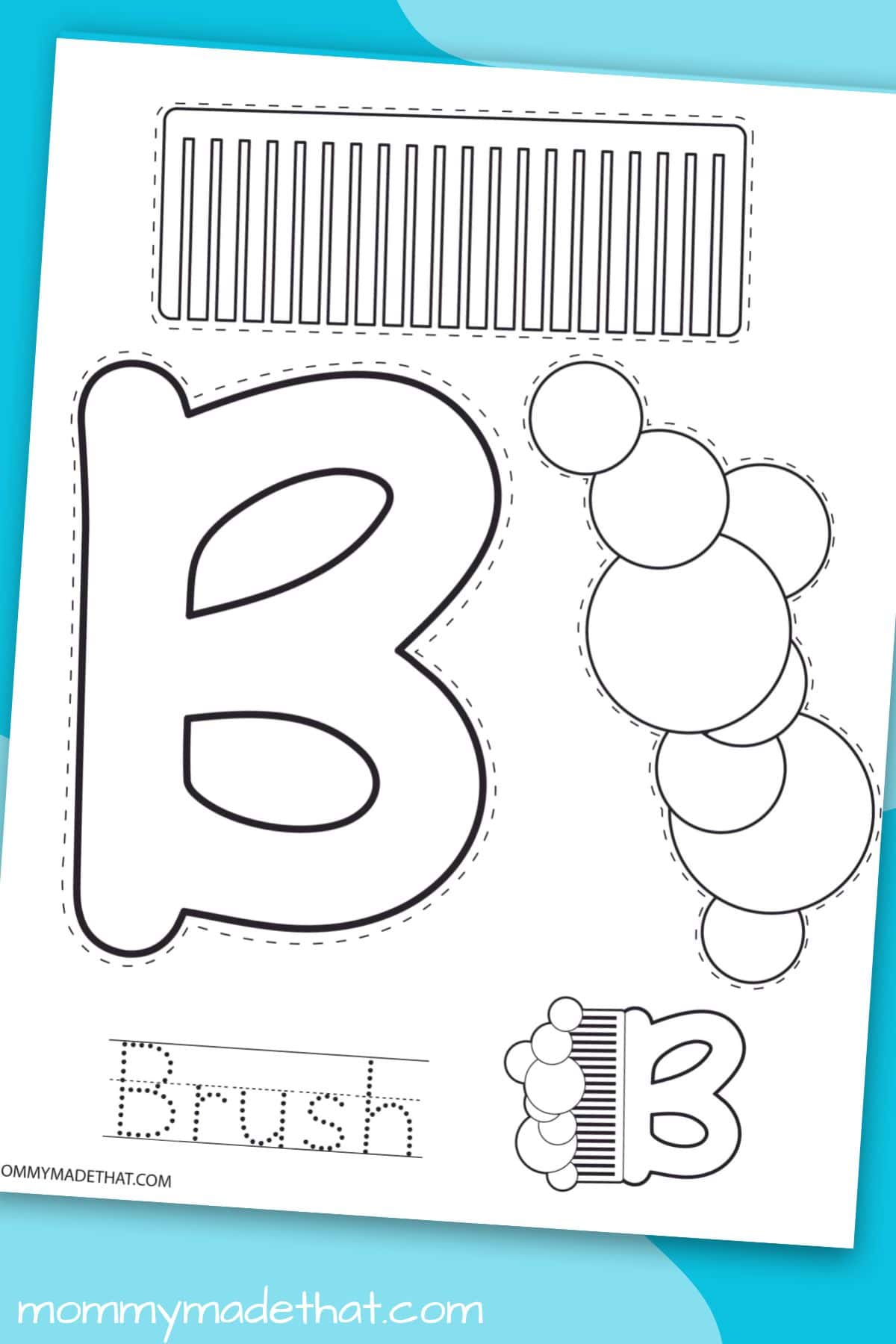 Letter B brush craft printable displayed on a colorful background