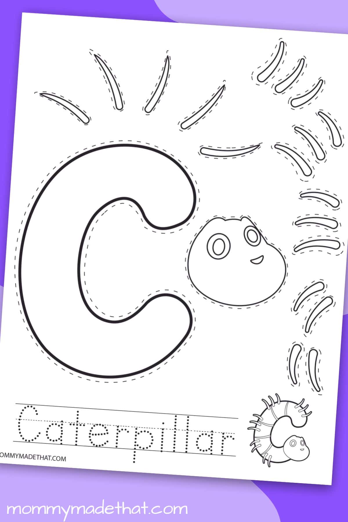 Letter C caterpillar craft printable displayed on a colorful background