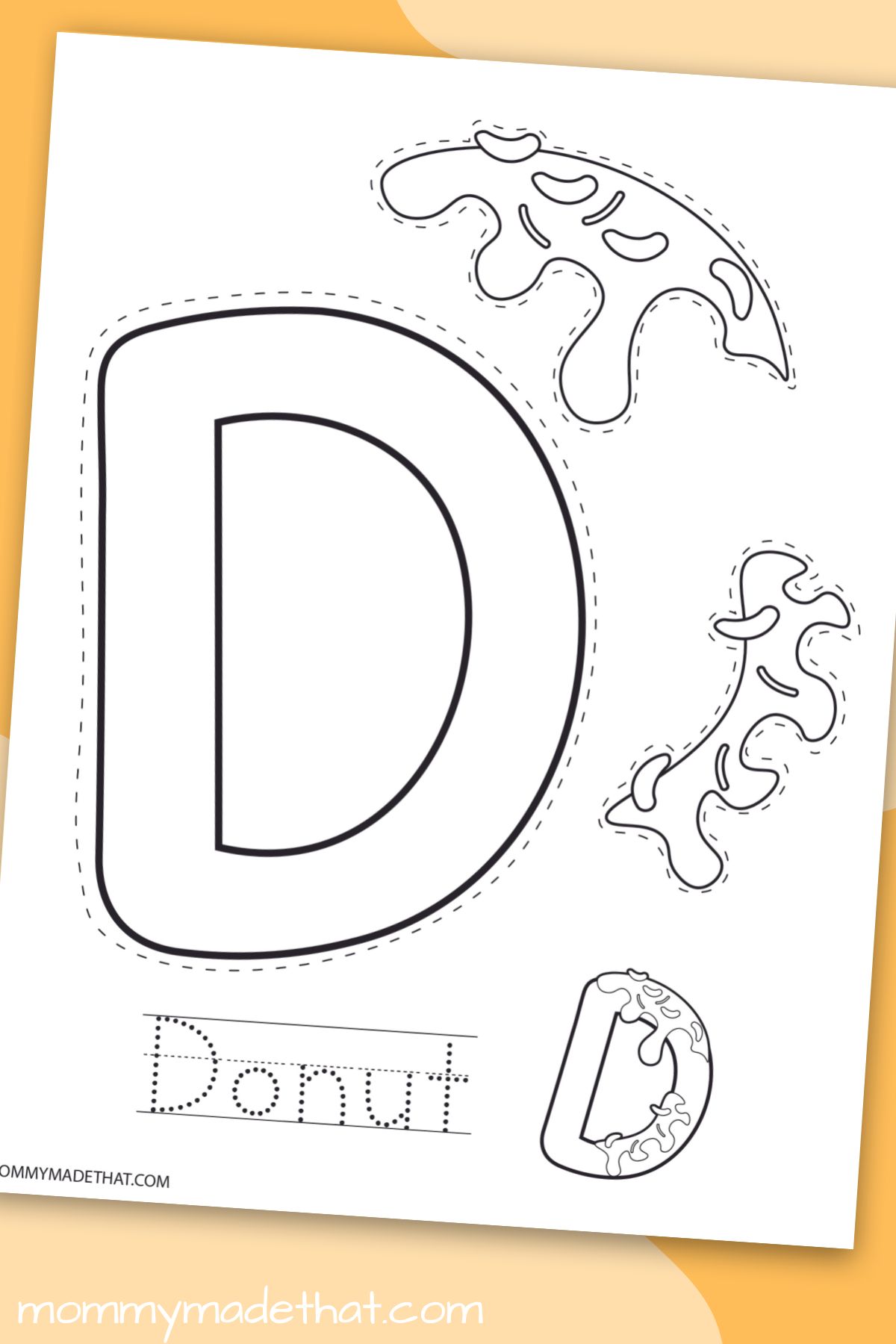 Letter D donut craft printable displayed on a colorful background