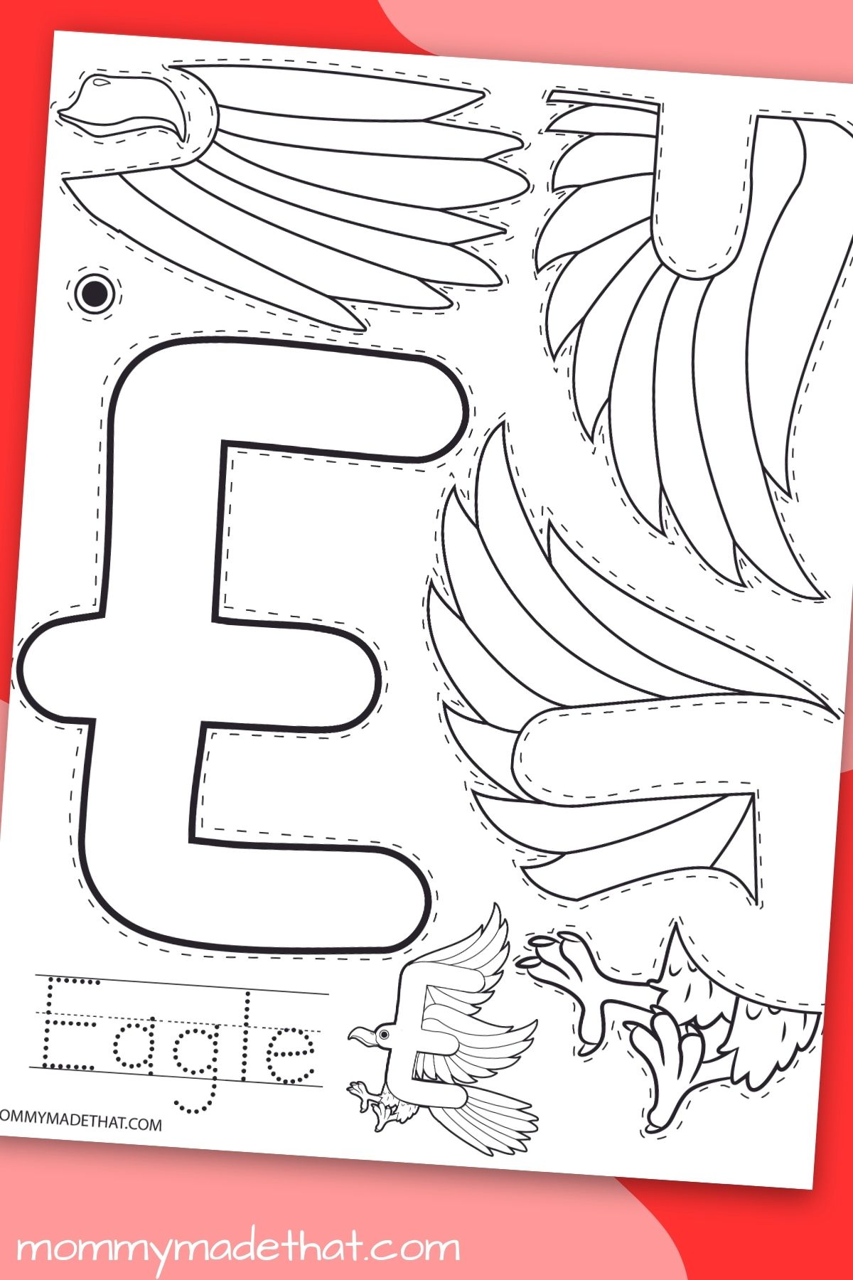 Letter E eagle craft printable displayed on a colorful background