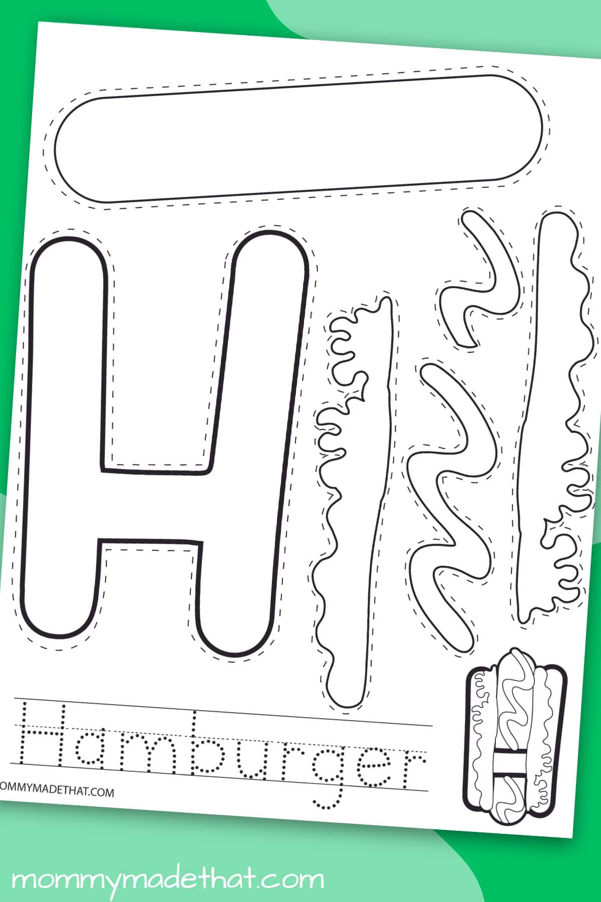 Letter H hamburger craft printable displayed on a colorful background