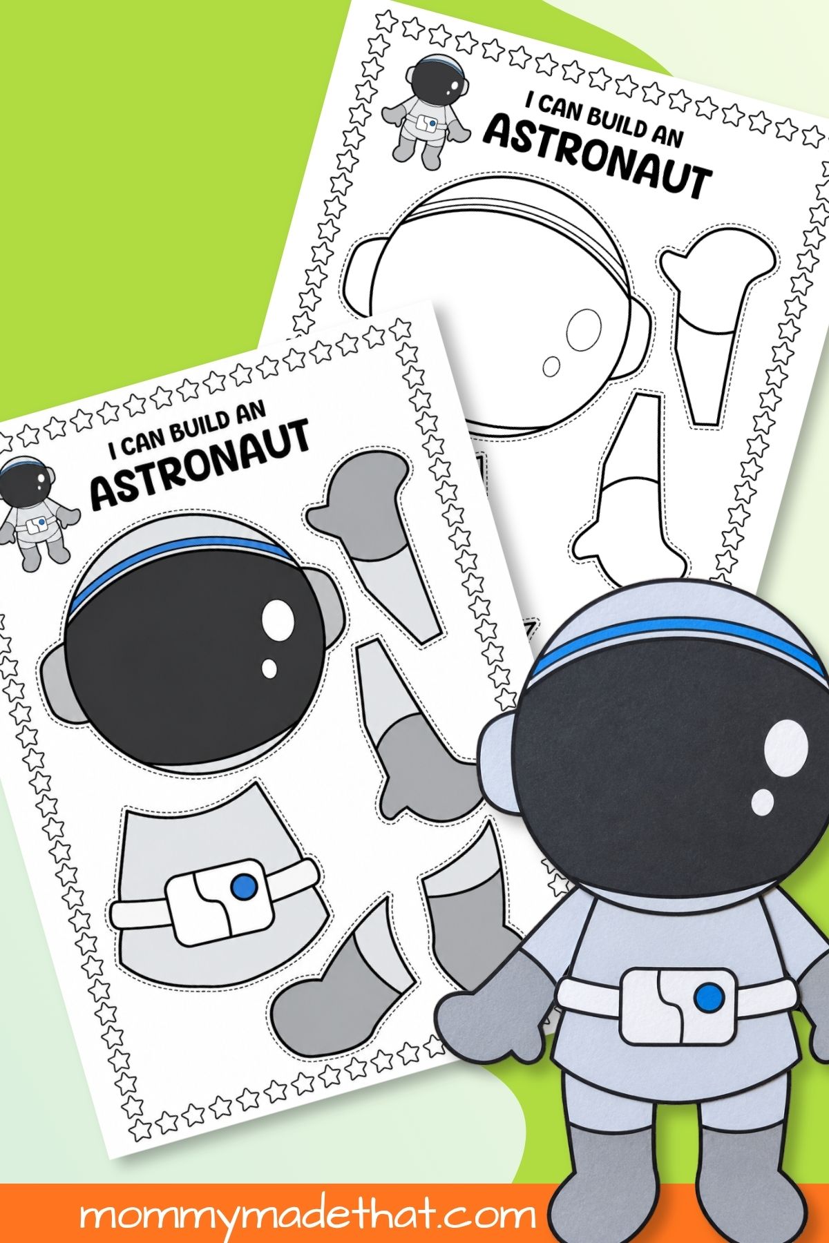 Build an astronaut printable with colored and black-and-white cutout pieces and an assembled astronaut.