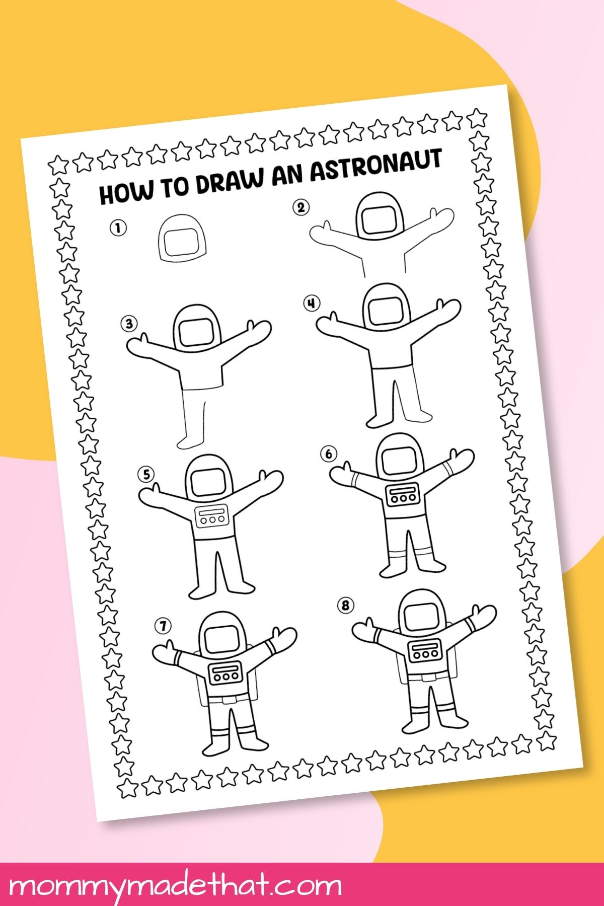How to draw an astronaut printable showing eight numbered drawing steps inside a star border.