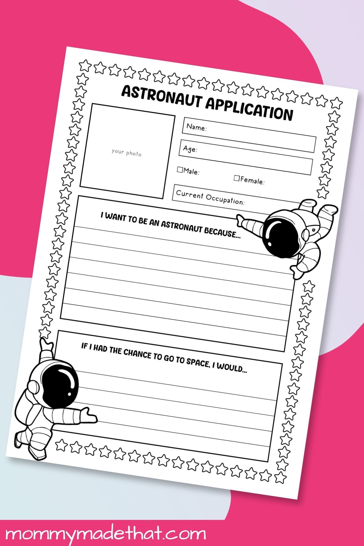 Astronaut application worksheet with a photo box, personal details, and two space writing prompts.