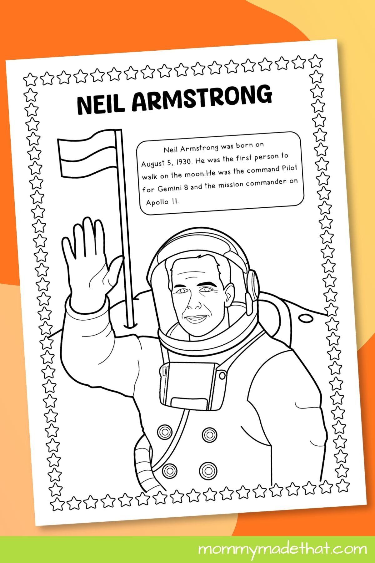 Neil Armstrong printable coloring poster with an astronaut portrait, flag, short biography, and star border.