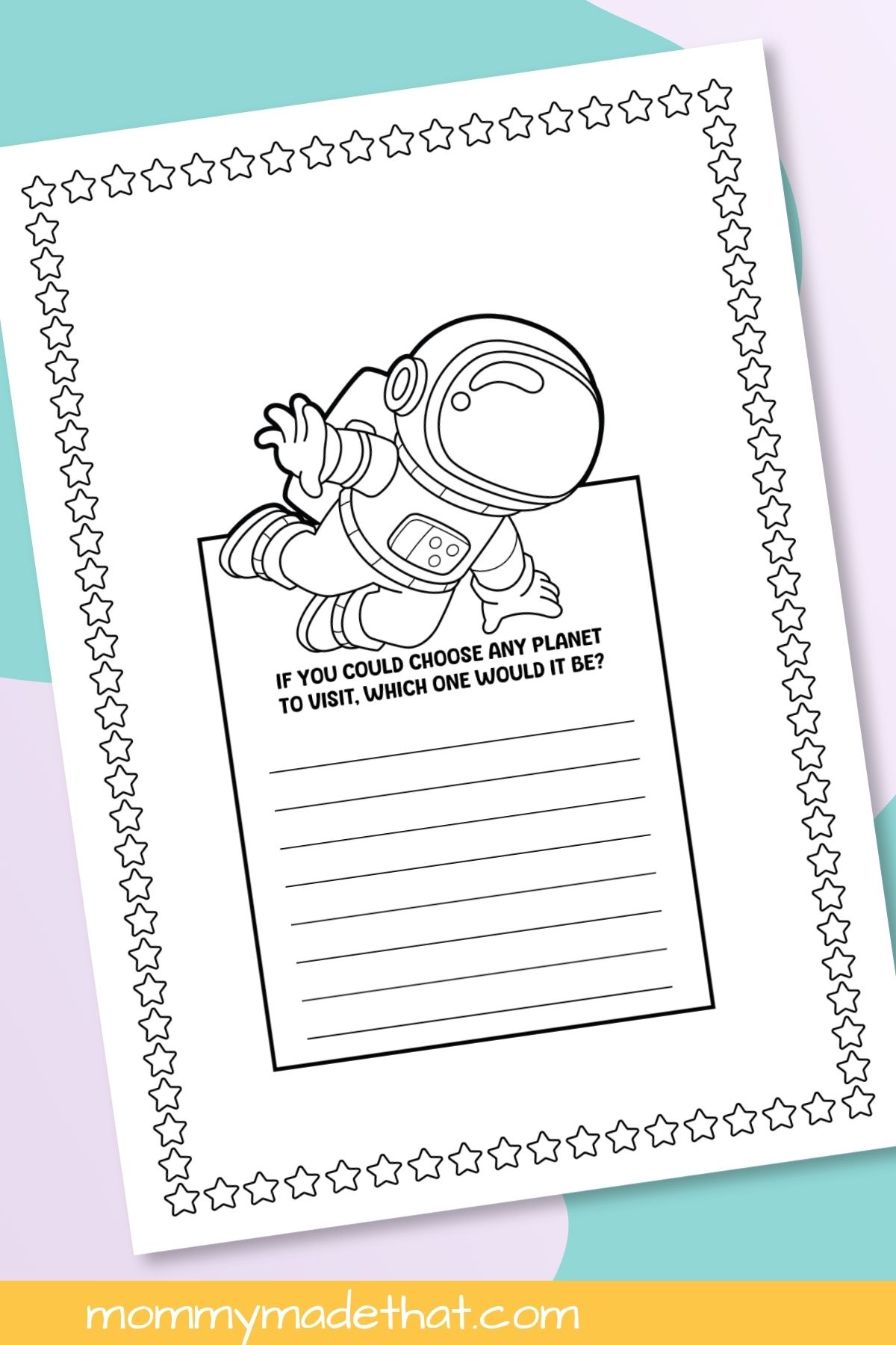 Choose a planet writing worksheet with an astronaut above a lined response box and a star border.