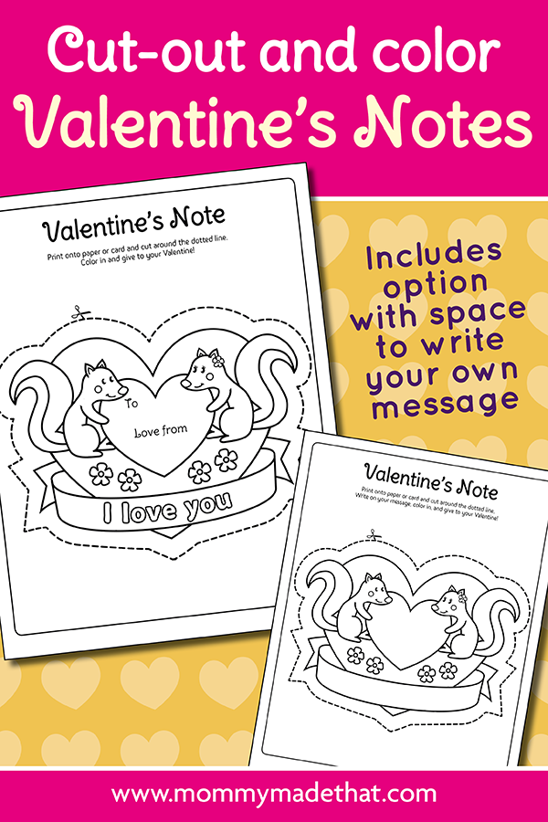 Squirrel Valentine Notes printable pages and display preview