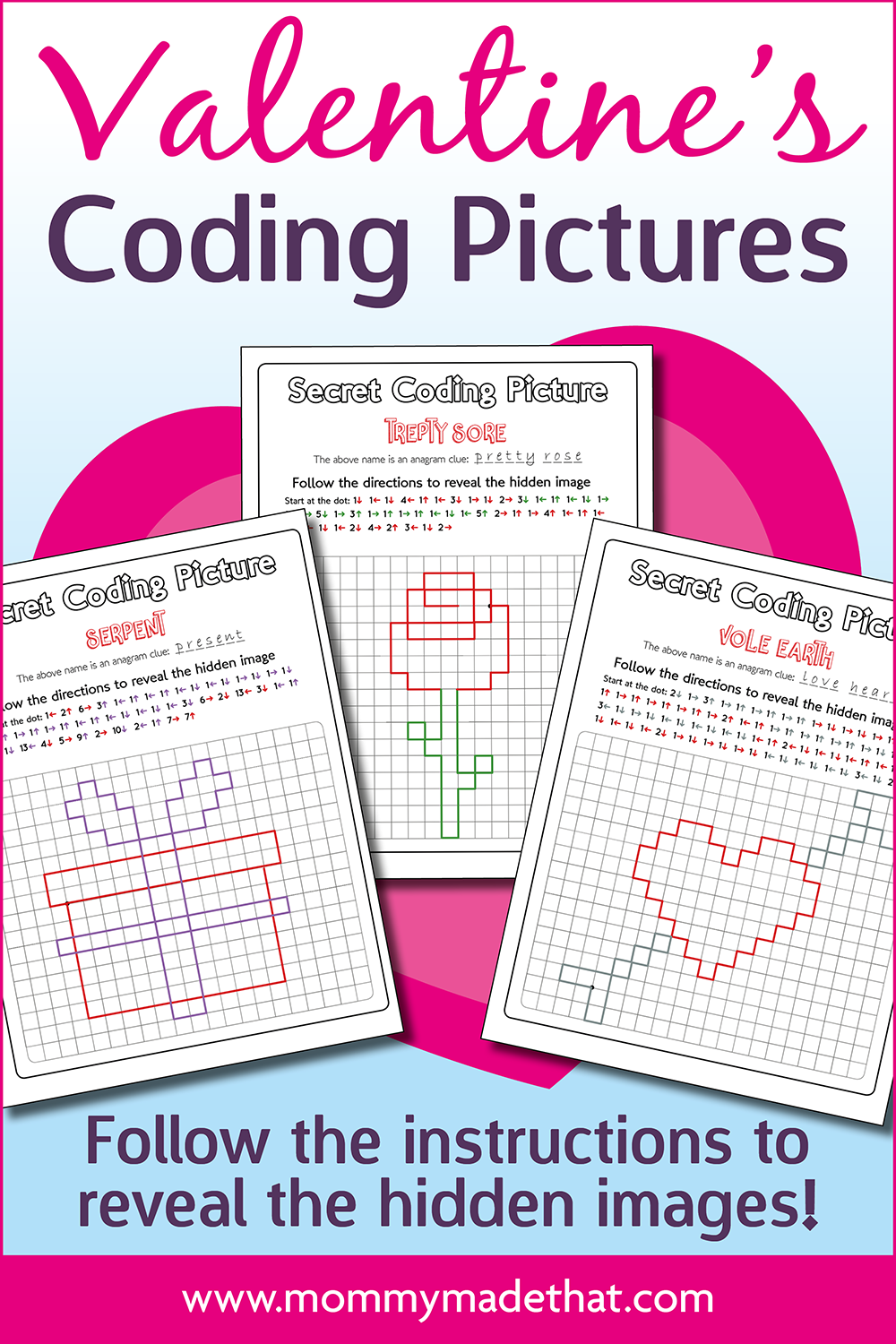 Valentine's Day Coding Pictures printable pages and display preview