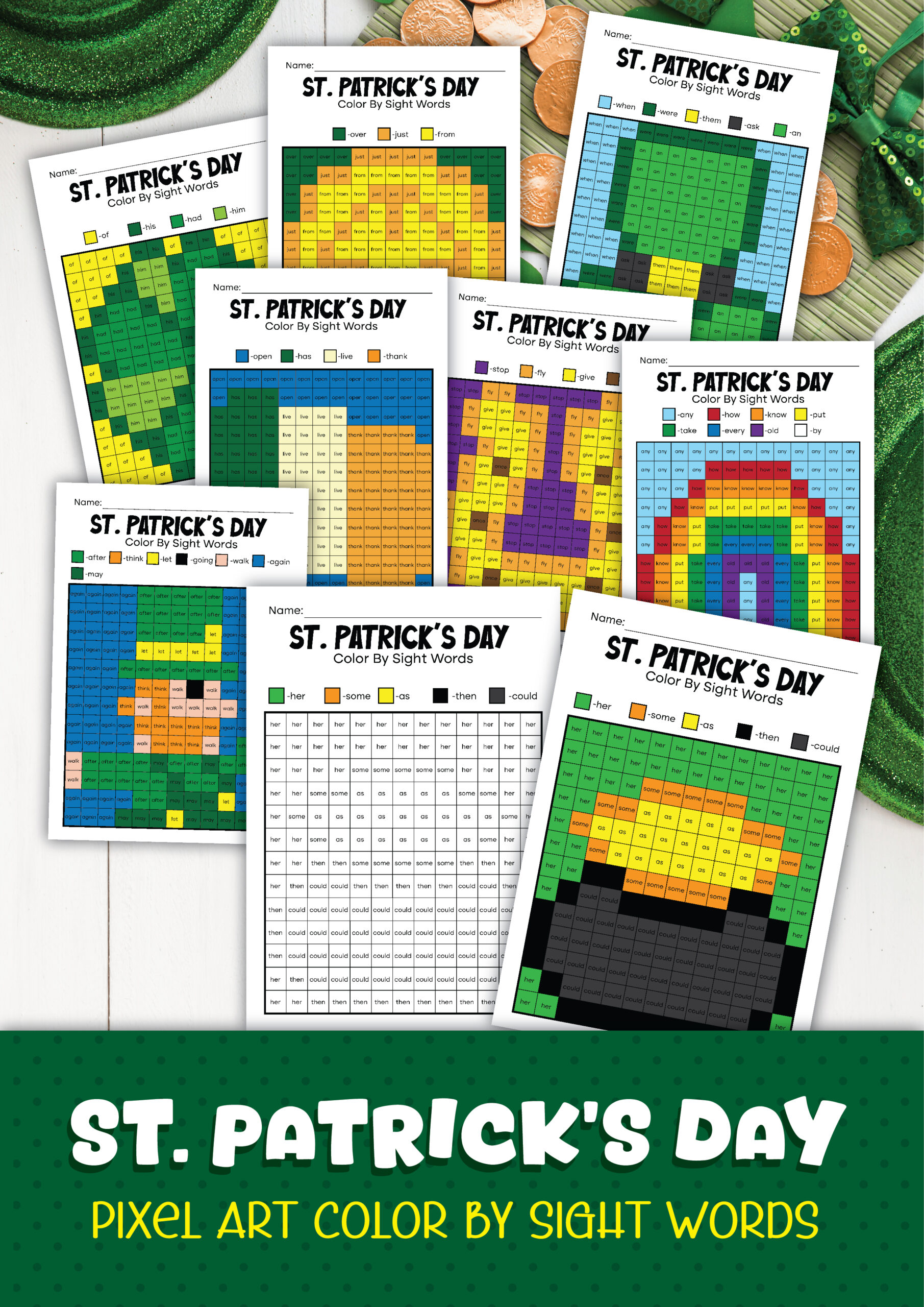 St. Patrick's Day Color by Sight Words printable pages and display preview