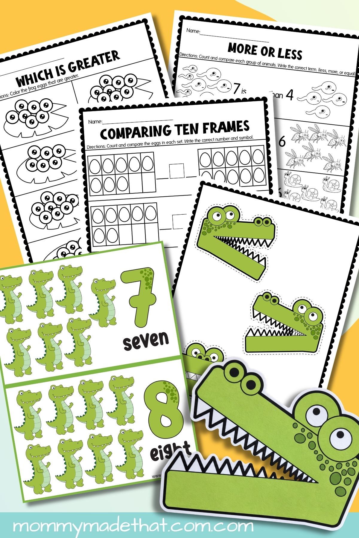 Comparing numbers worksheets with ten frames, greater-than and less-than symbols, and counting activities
