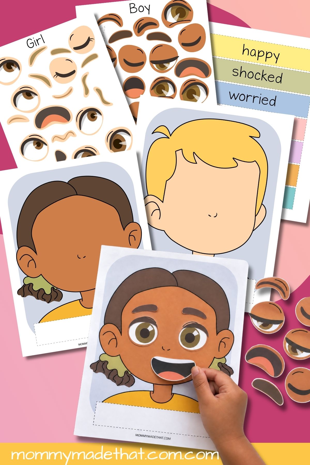 Cut and paste emotions activity with face bases, facial features, and feelings labels
