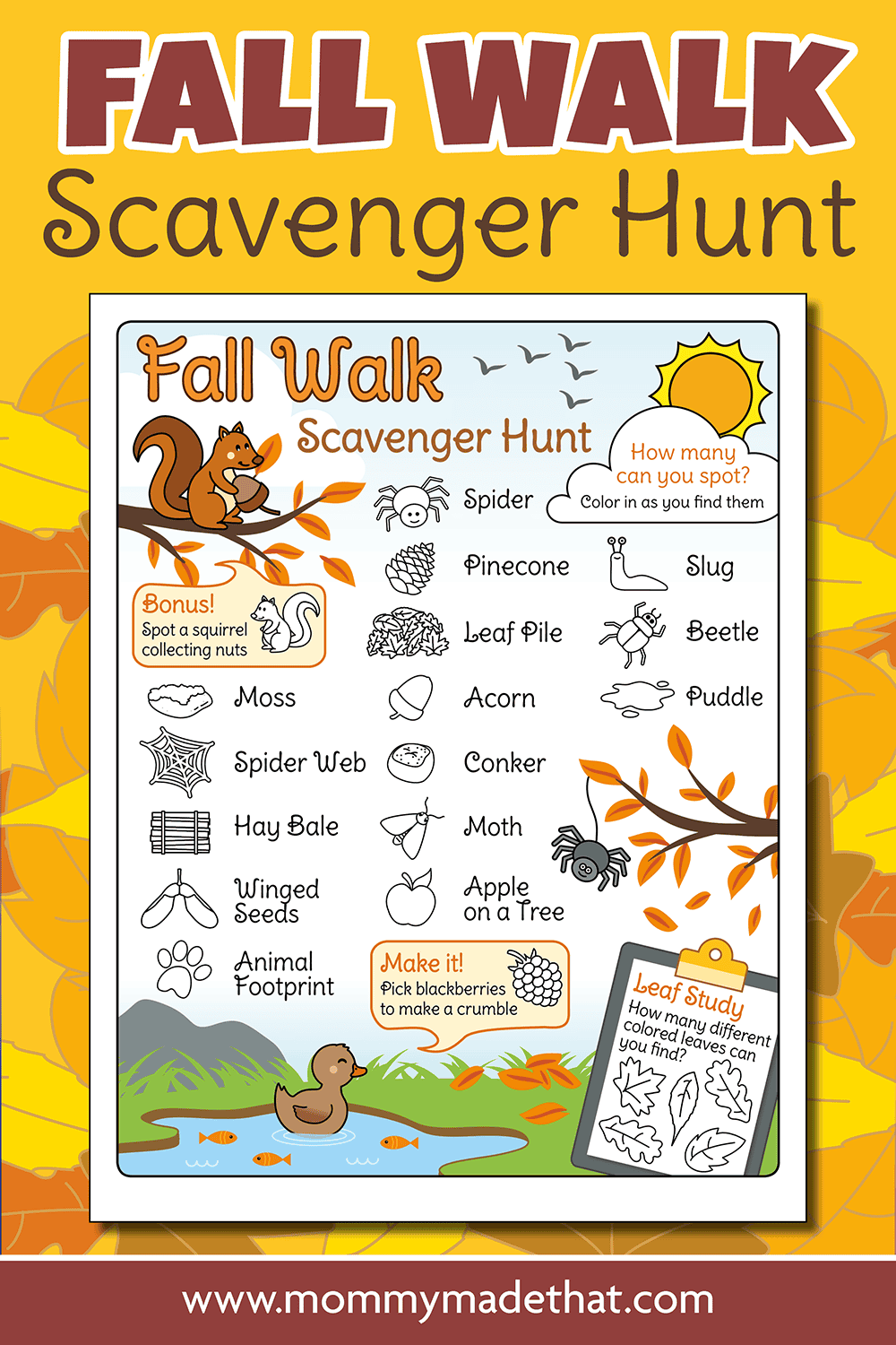 Fall walk scavenger hunt with autumn objects to spot, coloring pictures, and a leaf study.