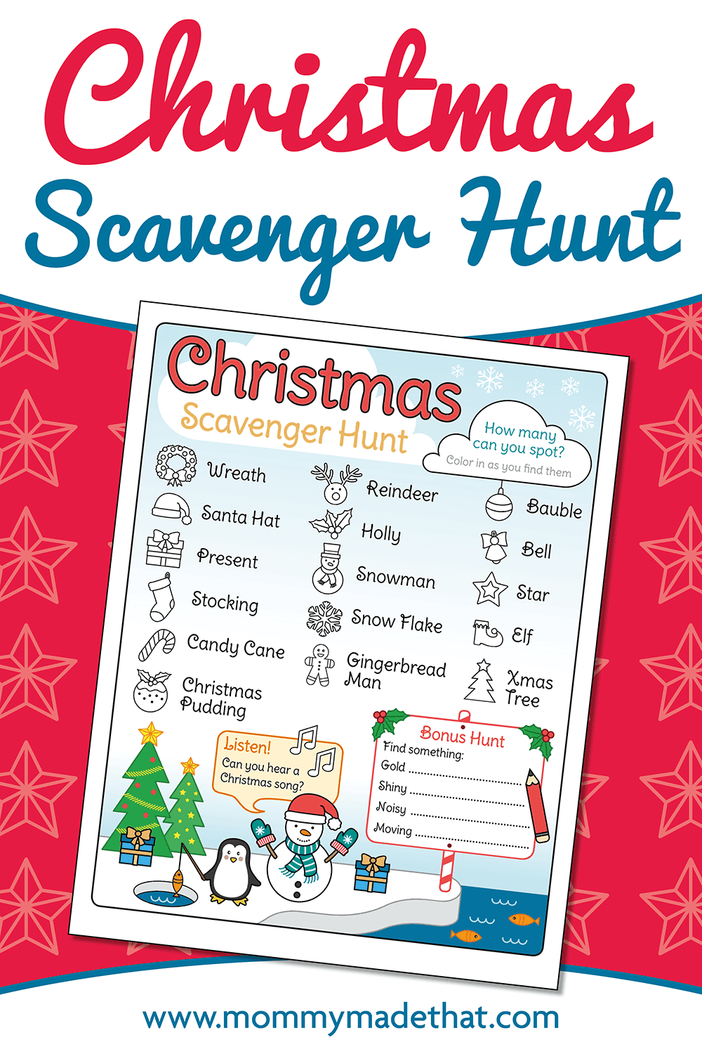 Christmas scavenger hunt with festive objects to find, a listening prompt, and a bonus hunt.