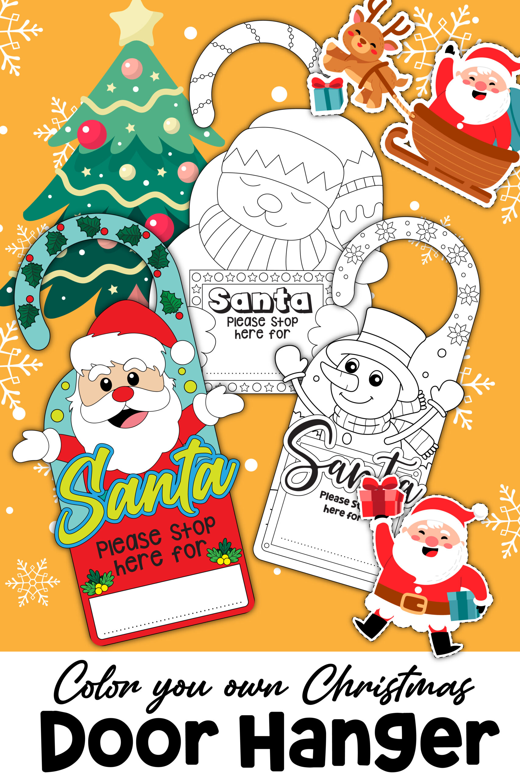 Color-your-own Christmas door hangers with Santa, elf, and snowman designs and a space for a child's name.