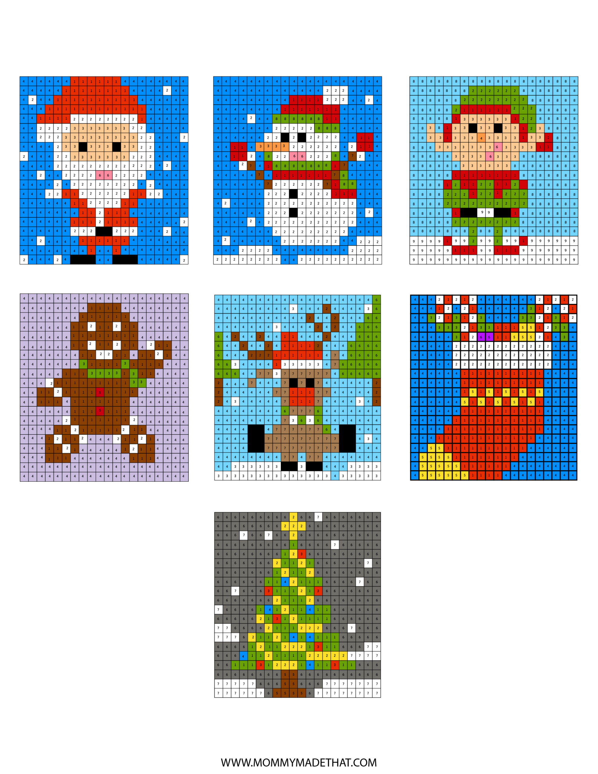 Completed Christmas pixel art designs showing Santa, a snowman, an elf, gingerbread, a reindeer, a stocking, and a tree.