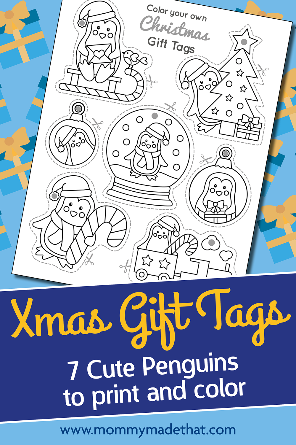 Seven color-your-own penguin Christmas gift tags with festive hats, a tree, ornaments, and a train.