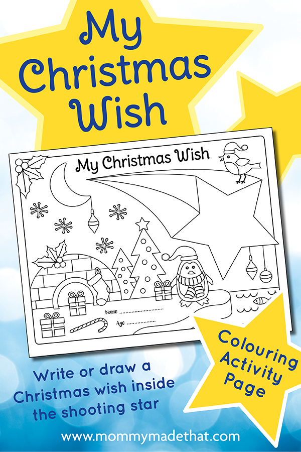 My Christmas Wish coloring activity with a large shooting star for a written or drawn wish.