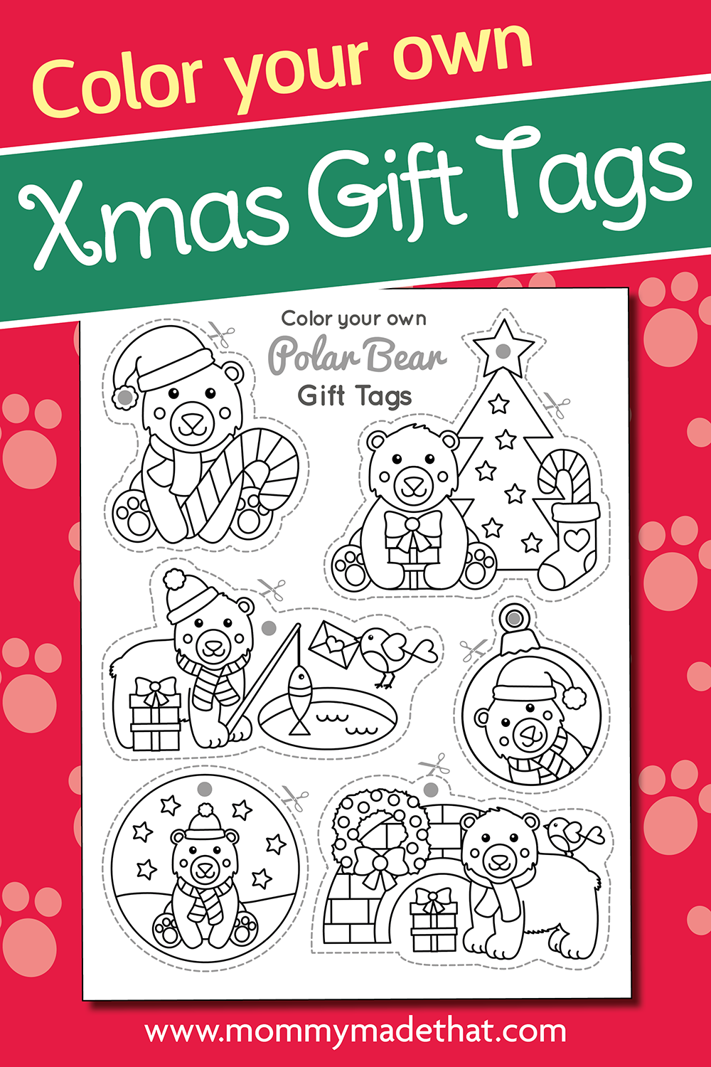 Eight color-your-own polar bear Christmas gift tags featuring bears, a tree, ornaments, and presents.