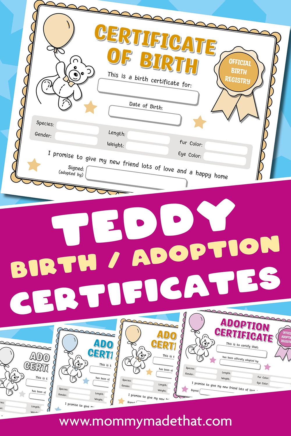 Teddy Bear Birth and Adoption Certificates