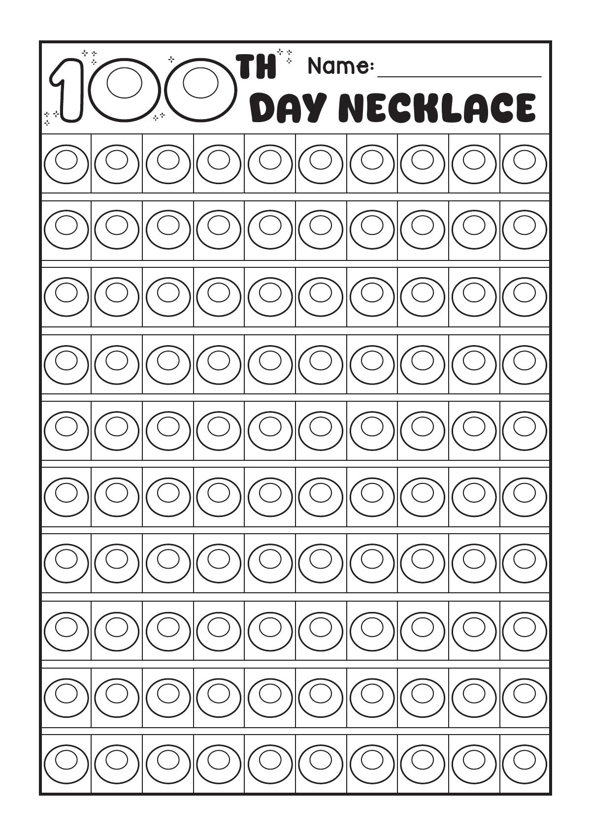 100th Day Necklace worksheet with 100 ring shapes arranged in ten rows