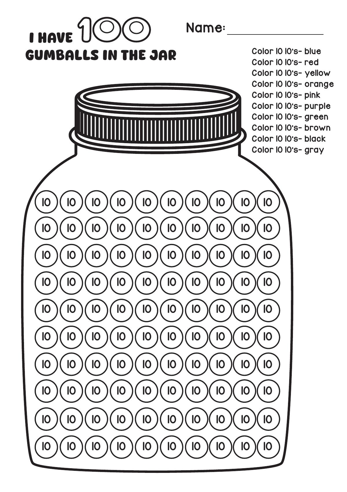 I Have 100 Gumballs in the Jar coloring worksheet with ten rows of circles