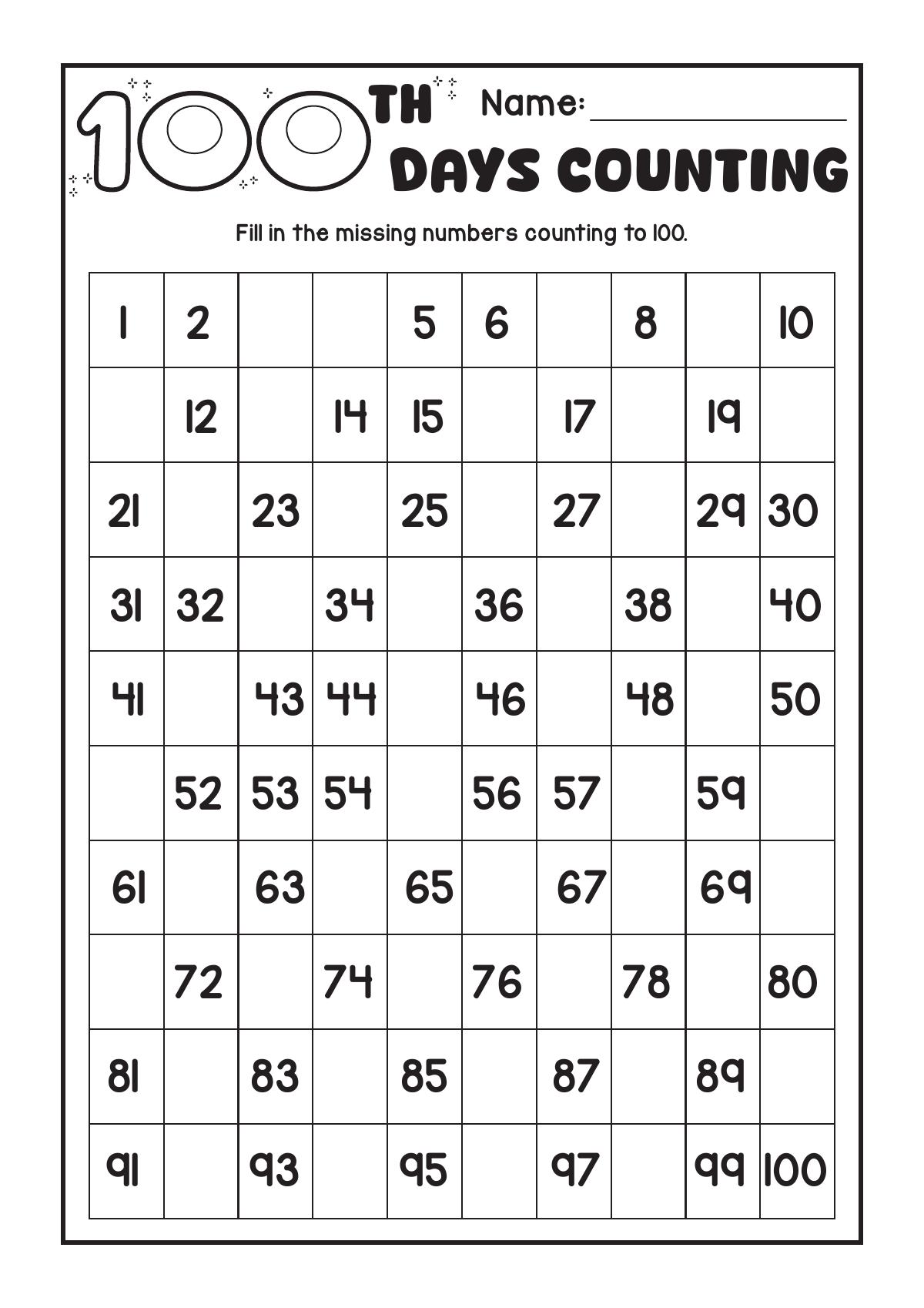 100th Days Counting worksheet with missing numbers in a one-to-one-hundred chart