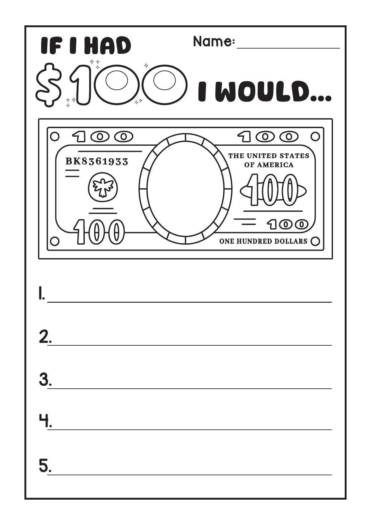 If I Had 100 Dollars writing worksheet with a pretend banknote and five numbered lines