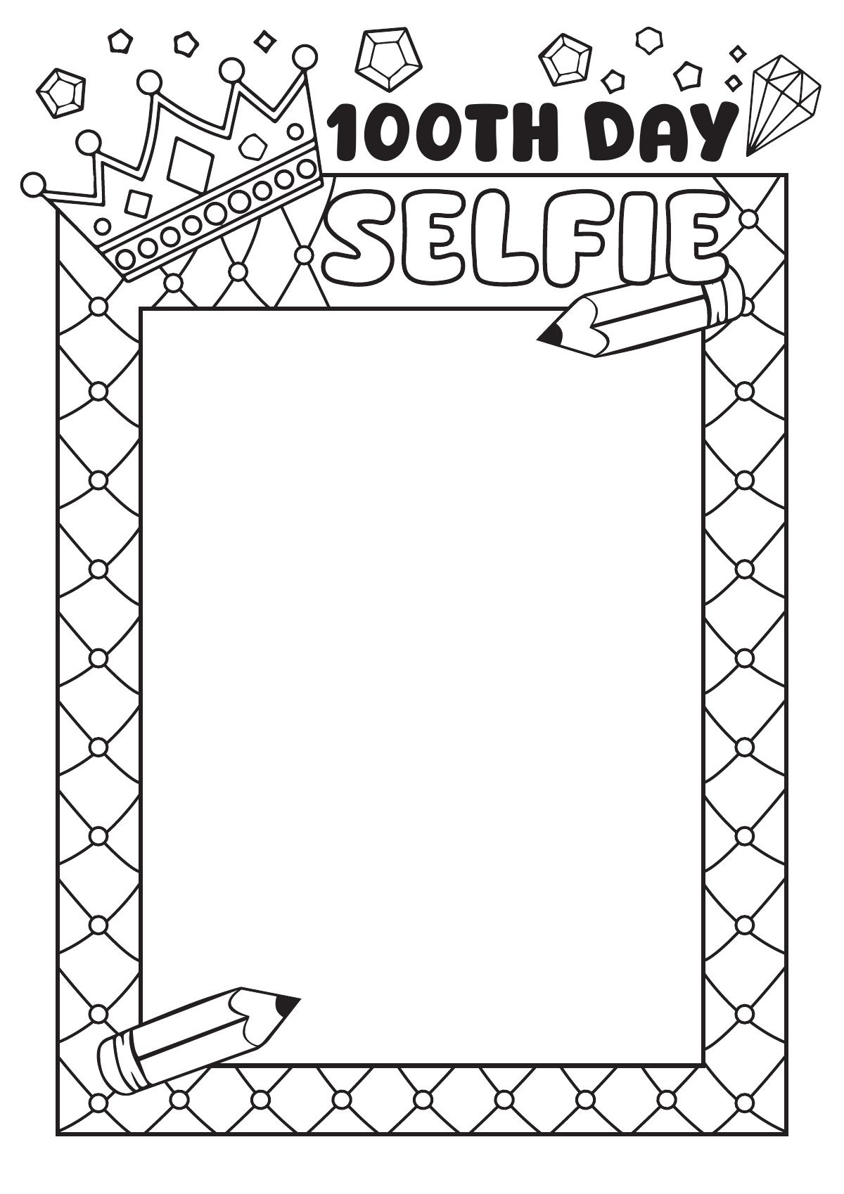 100th Day Selfie printable frame decorated with a crown, gems, and pencils