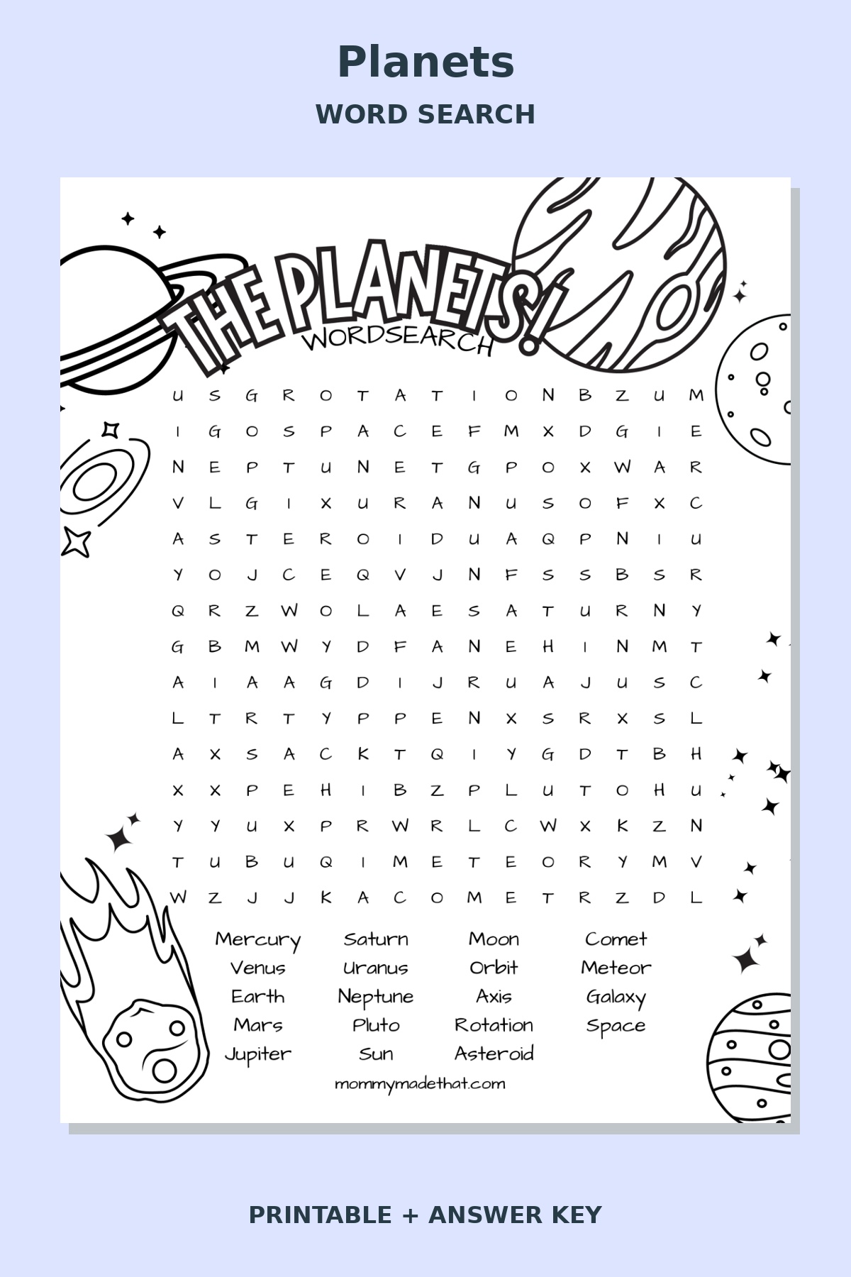 Planets Word Search printable preview