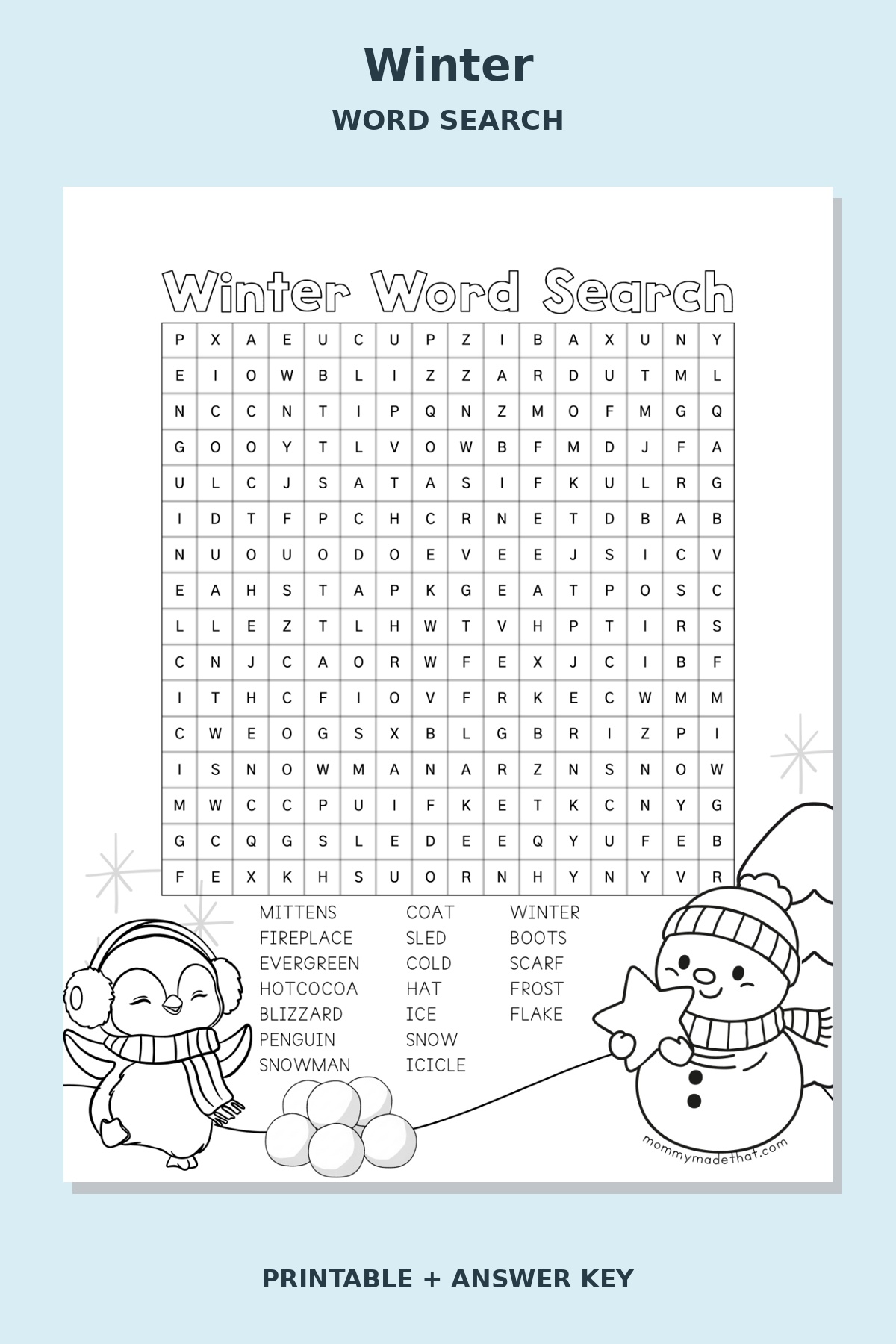 Winter Word Search — Snowman printable preview