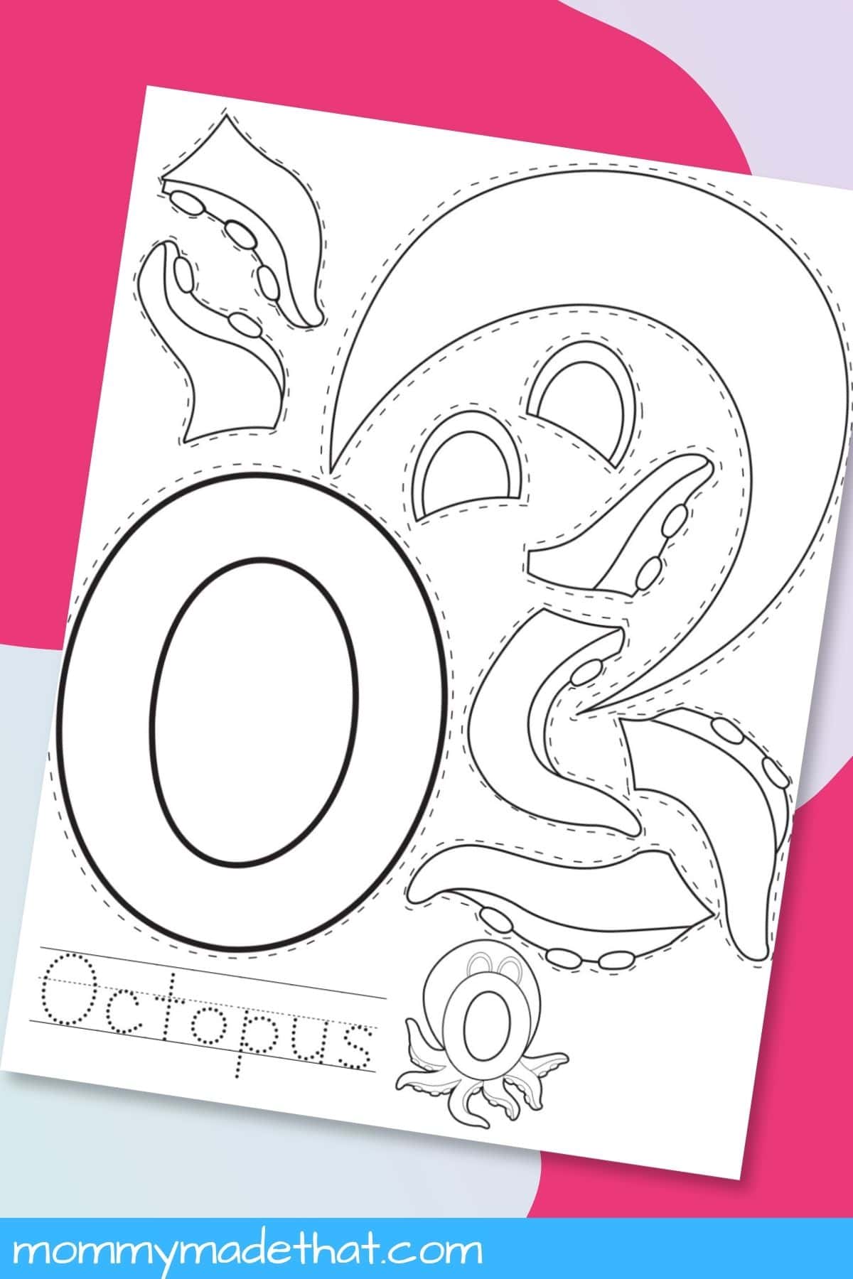 Letter O Octopus Craft printable displayed on a colorful background