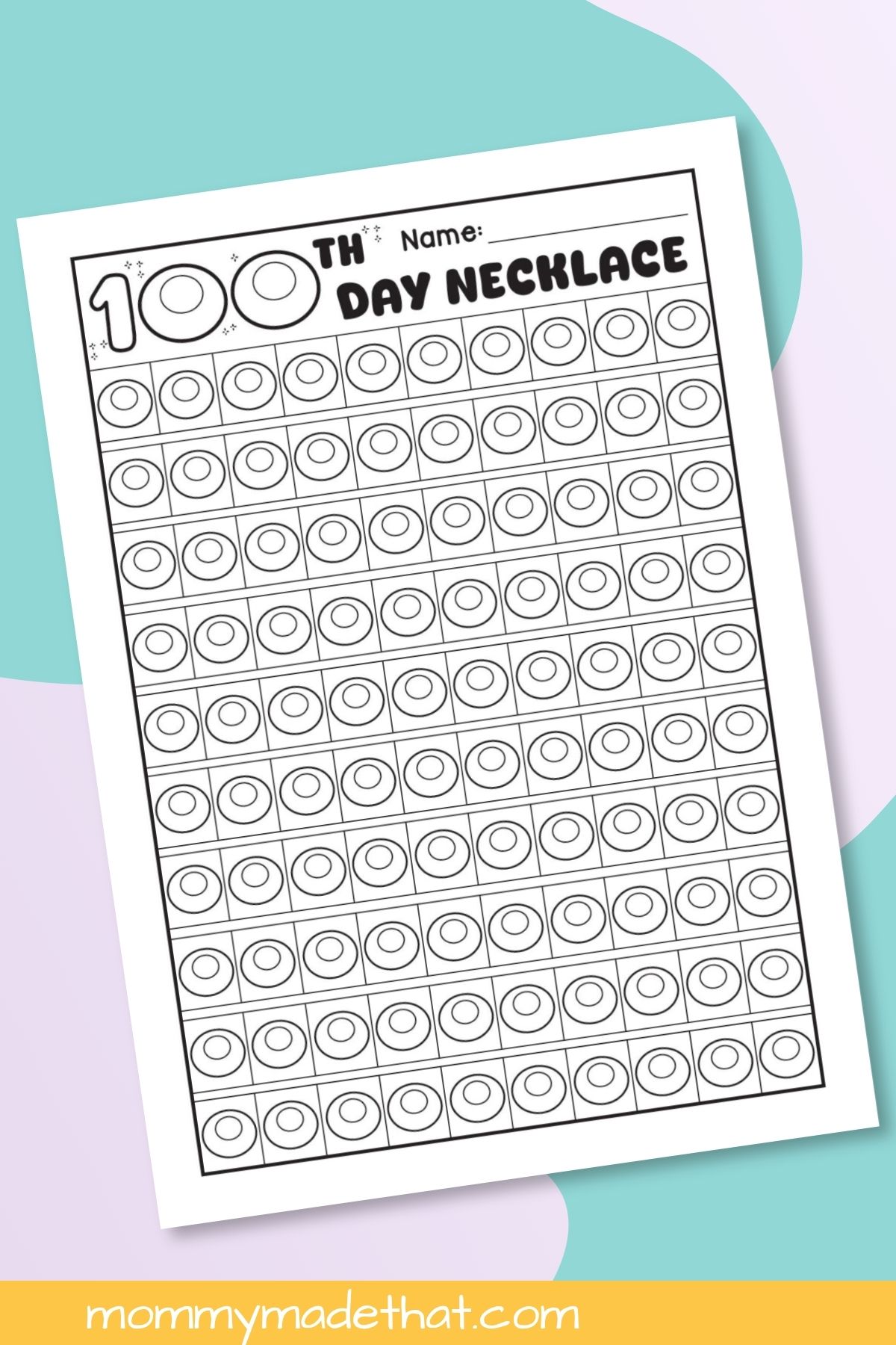 100th Day of School Necklace Counting Mat printable displayed on a colorful background