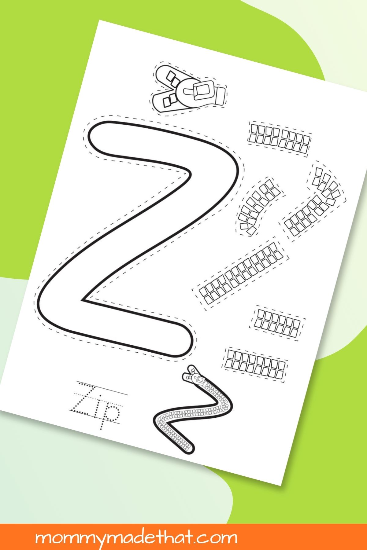 Letter Z Zip Craft printable displayed on a colorful background