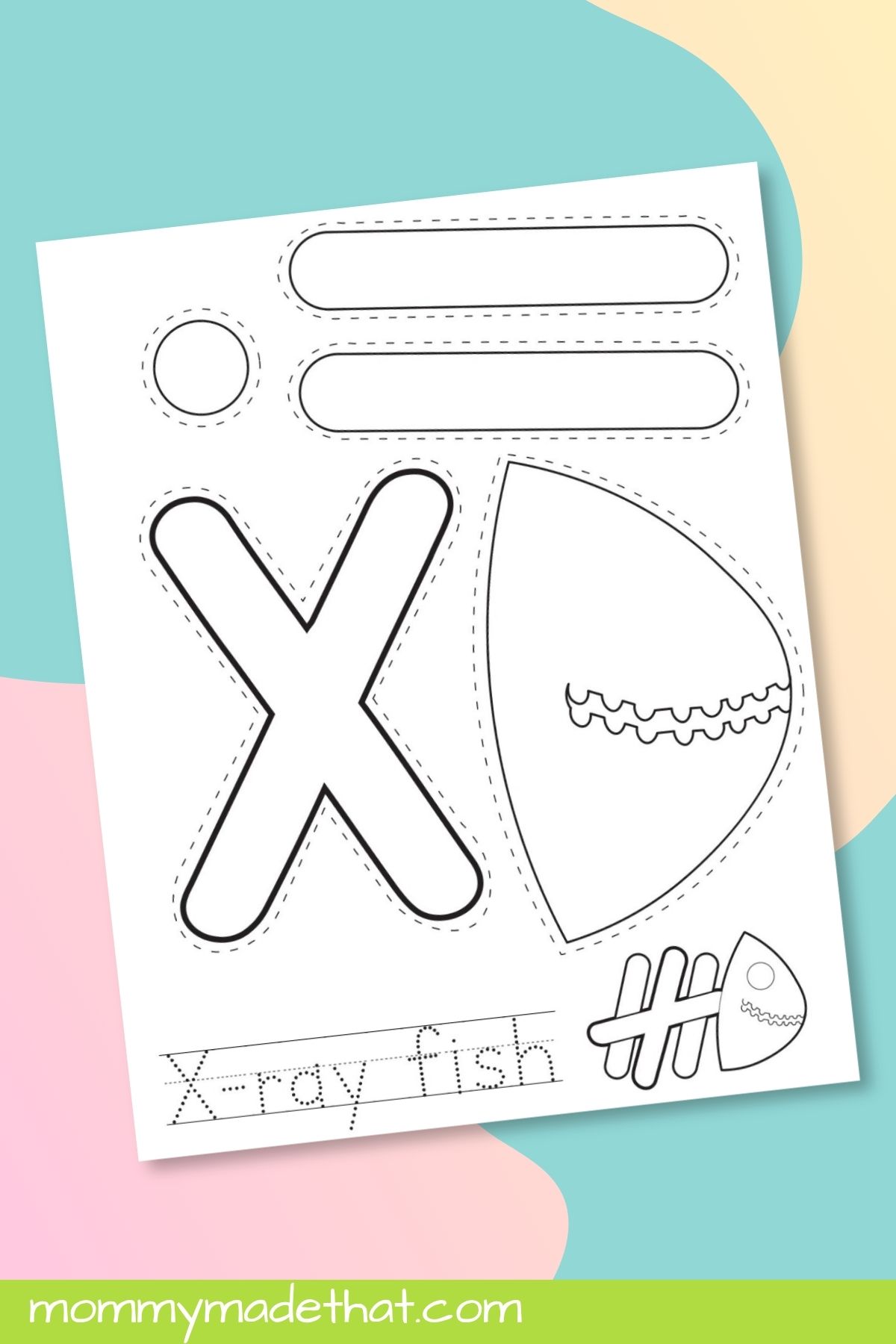 Letter X X-ray Fish Craft printable displayed on a colorful background