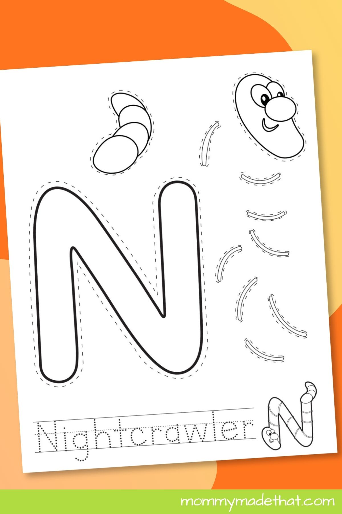 Letter N Nightcrawler Craft printable displayed on a colorful background