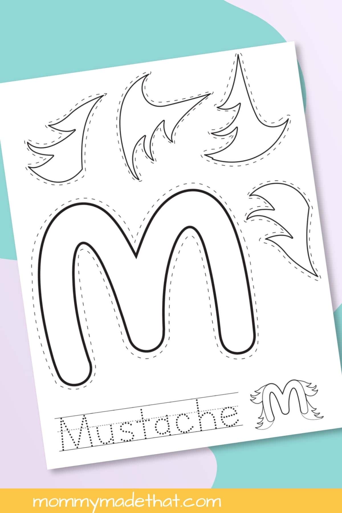 Letter M Mustache Craft printable displayed on a colorful background