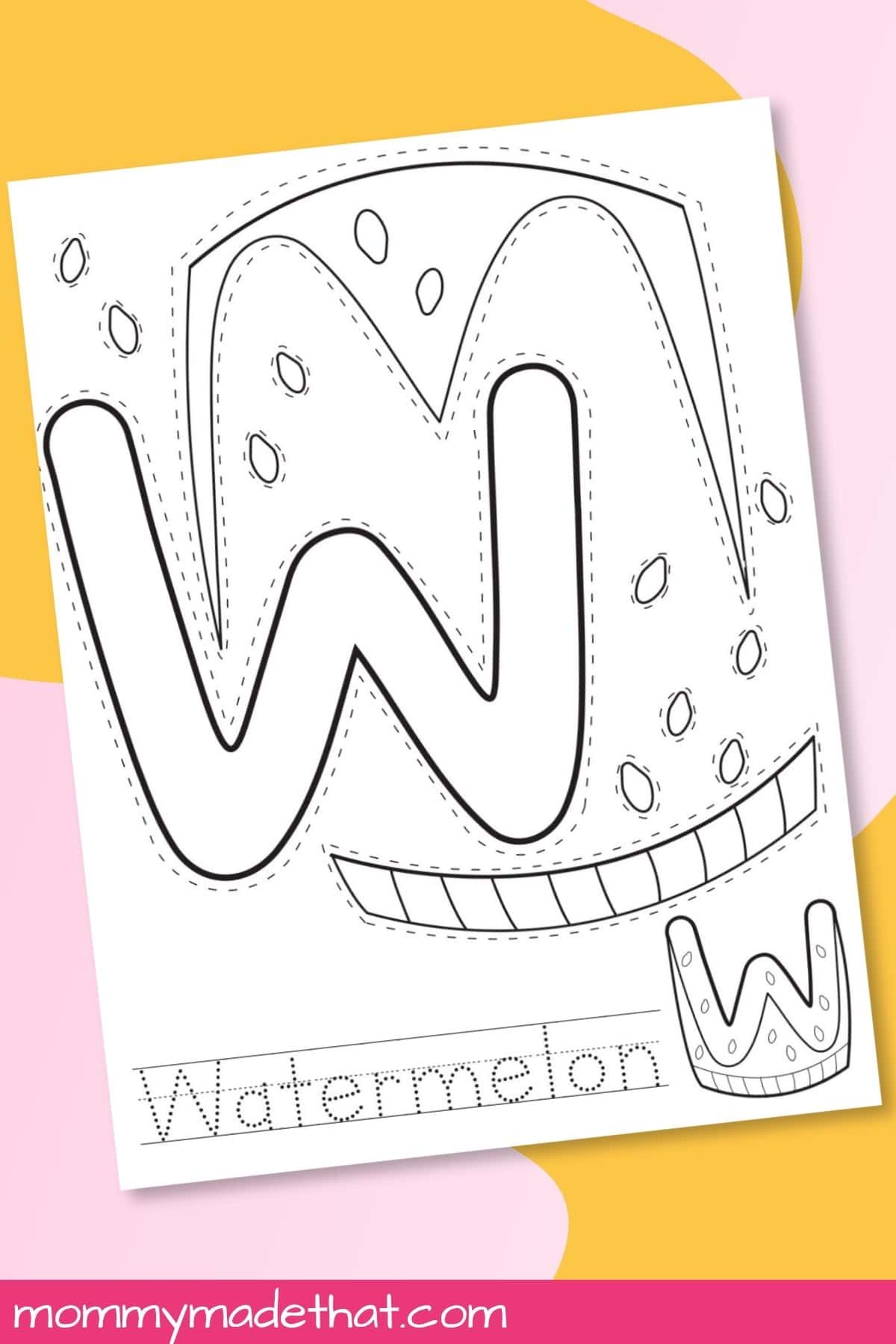 Letter W Watermelon Craft printable displayed on a colorful background