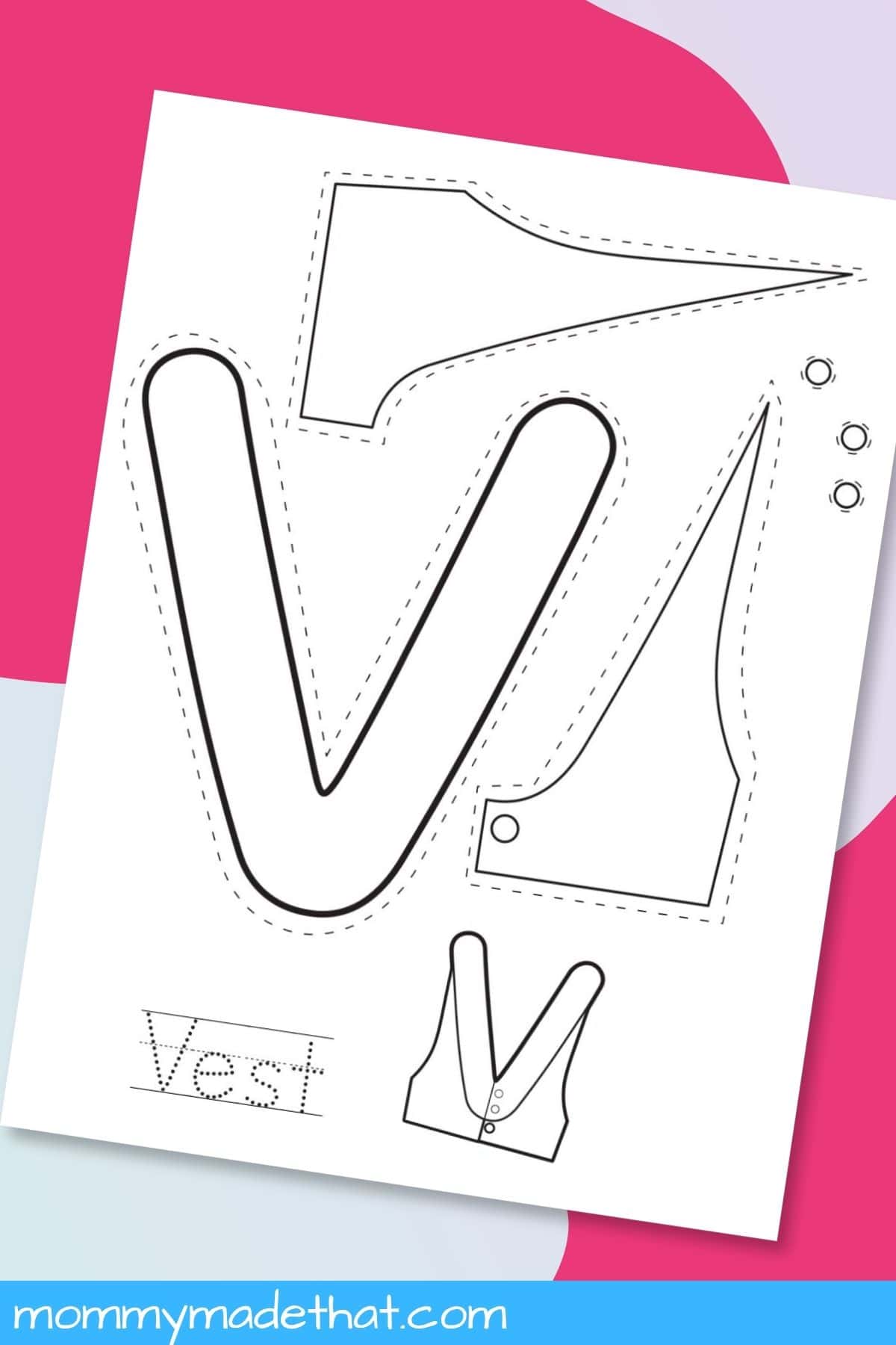 Letter V Vest Craft printable displayed on a colorful background