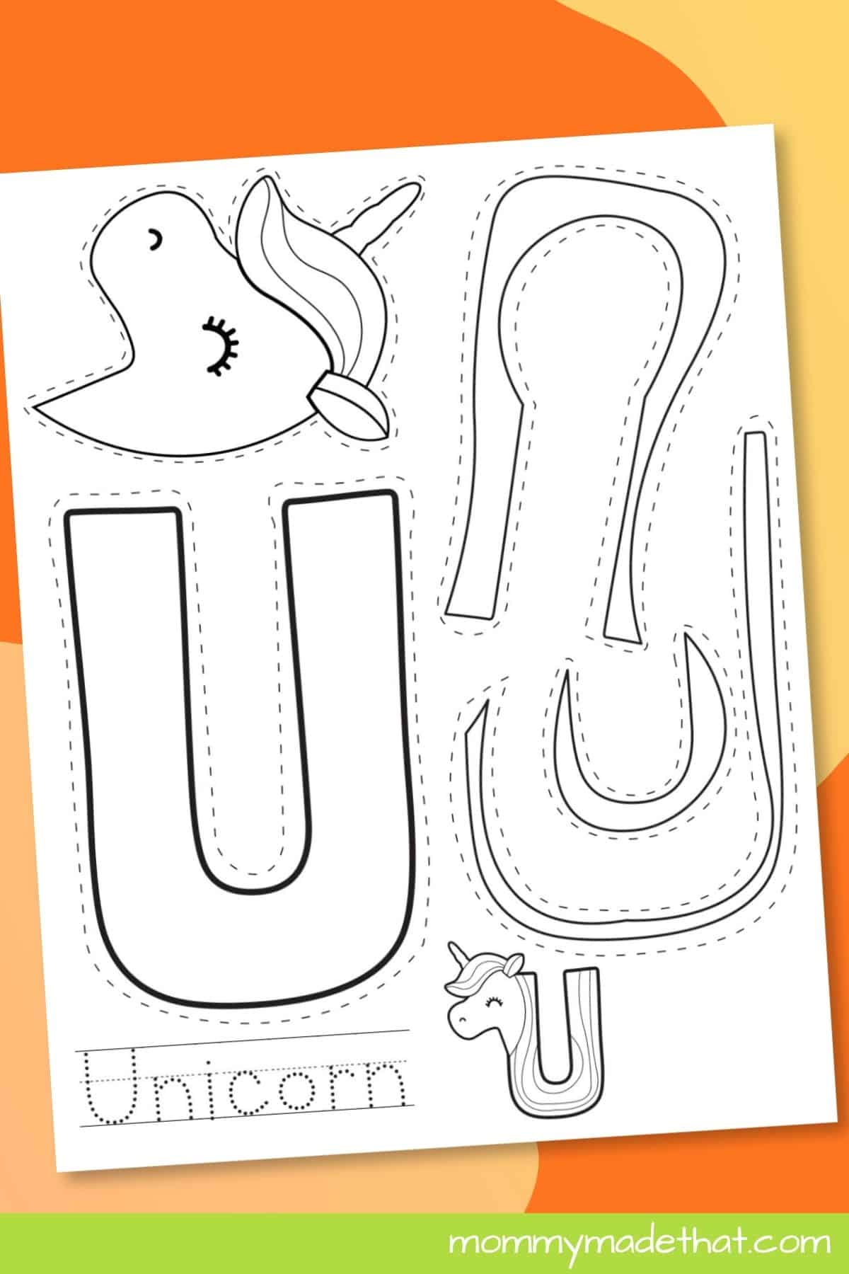 Letter U Unicorn Craft printable displayed on a colorful background
