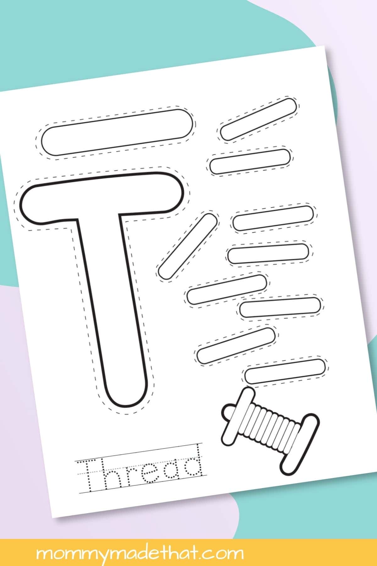 Letter T Thread Craft printable displayed on a colorful background