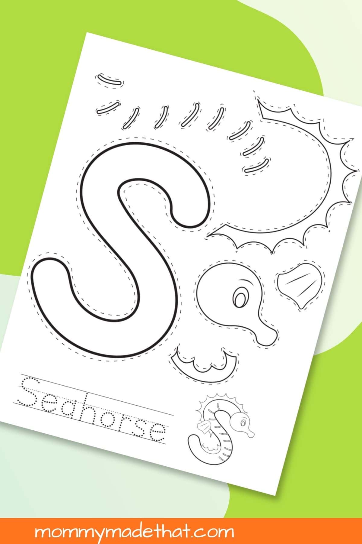 Letter S Seahorse Craft printable displayed on a colorful background