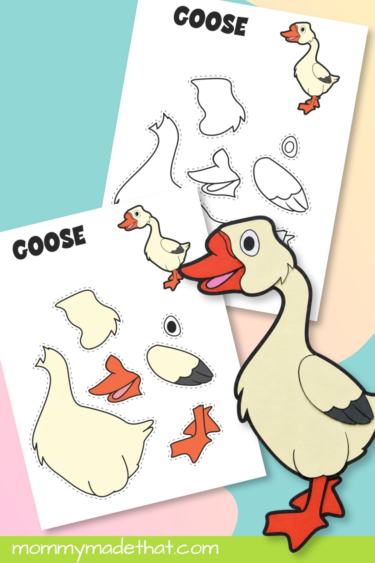 Goose cut and paste craft with colored and outline templates and assembled animal