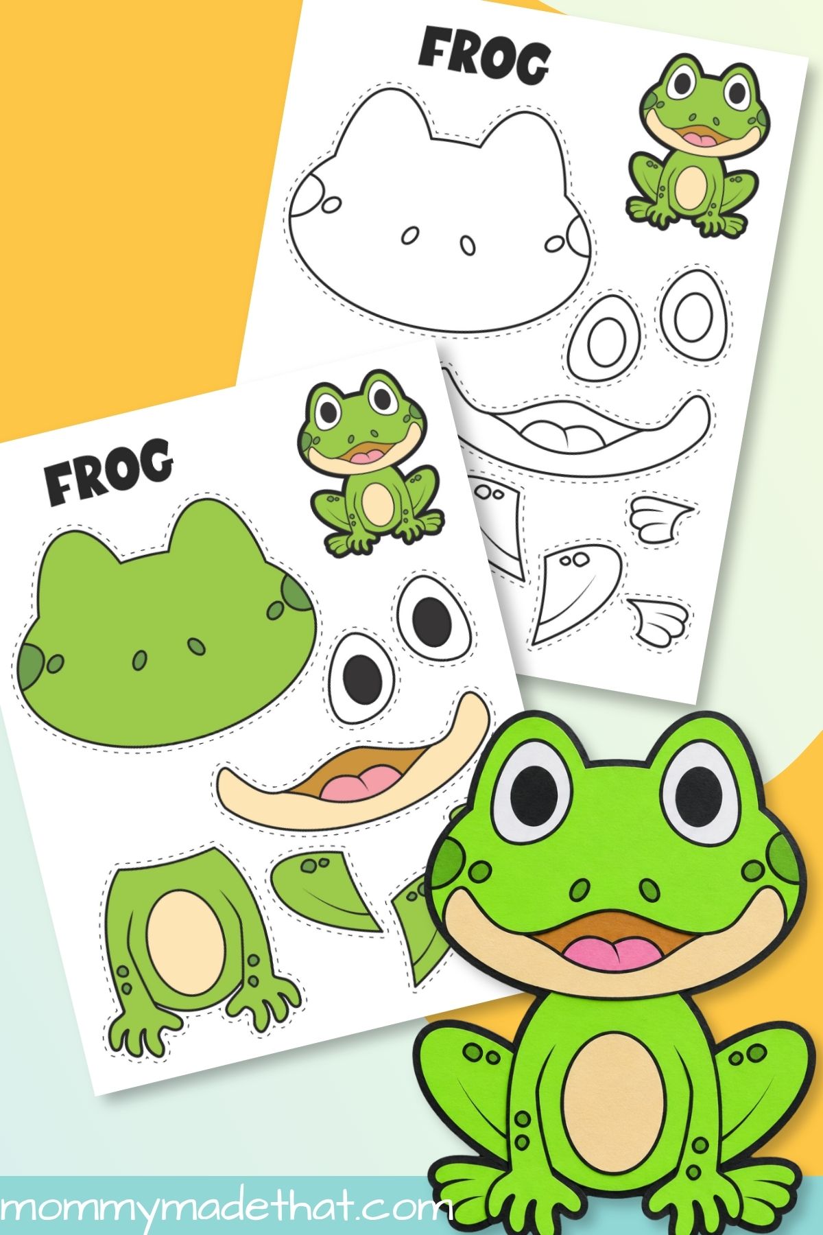 Frog cut and paste craft with colored and outline templates and assembled animal