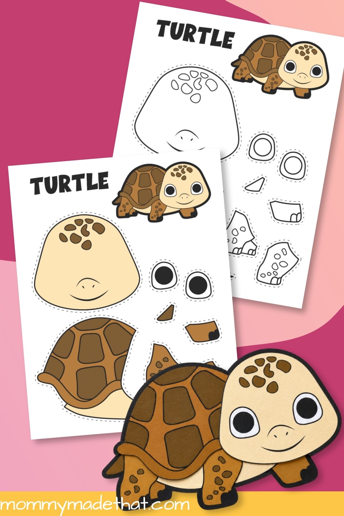 Turtle cut and paste craft with colored and outline templates and assembled animal