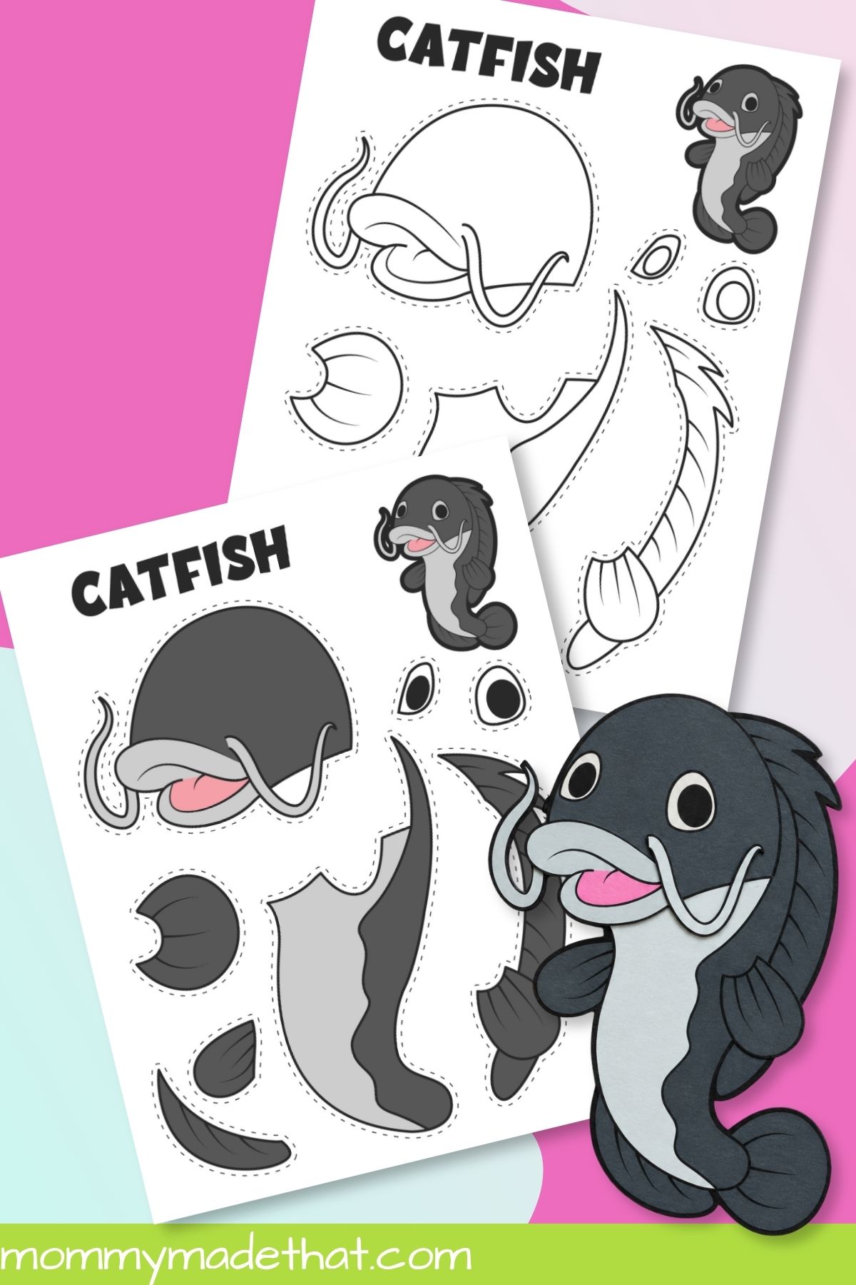 Catfish cut and paste craft with colored and outline templates and assembled animal