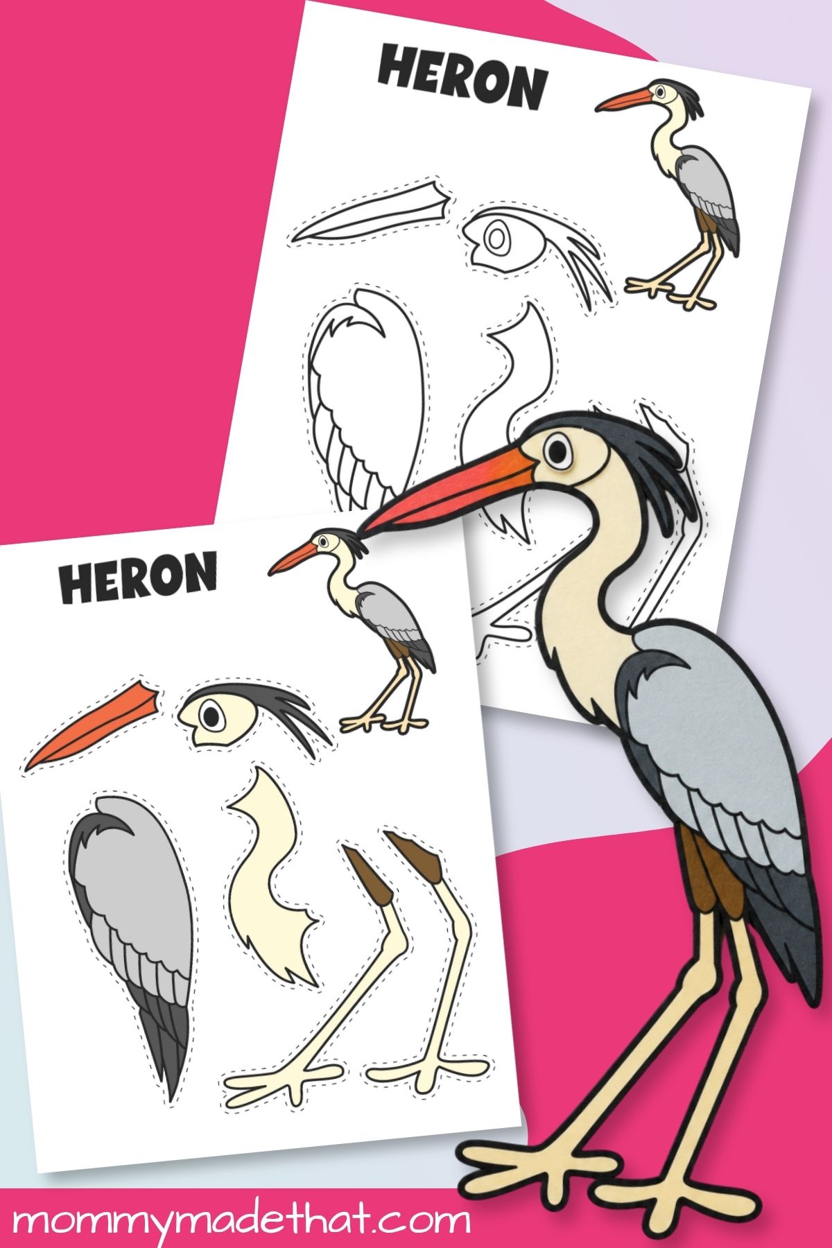 Heron cut and paste craft with colored and outline templates and assembled animal