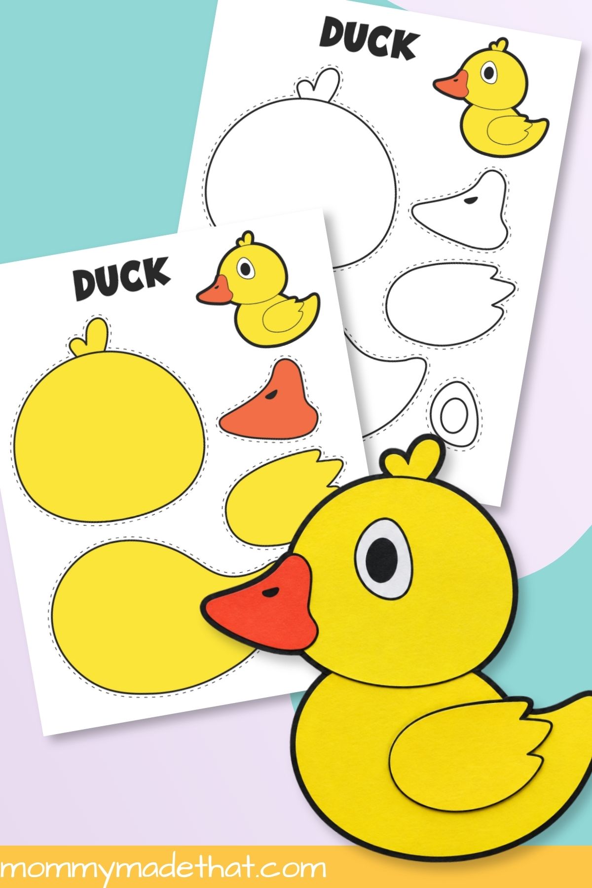 Duck cut and paste craft with colored and outline templates and assembled animal