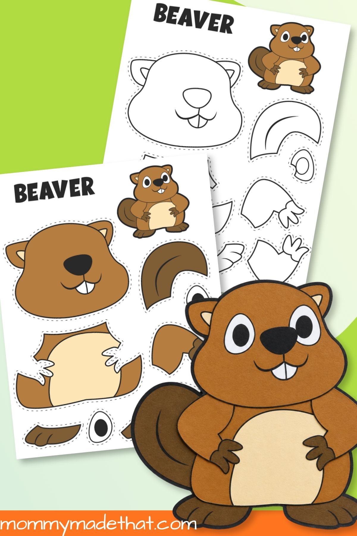 Beaver cut and paste craft with colored and outline templates and assembled animal
